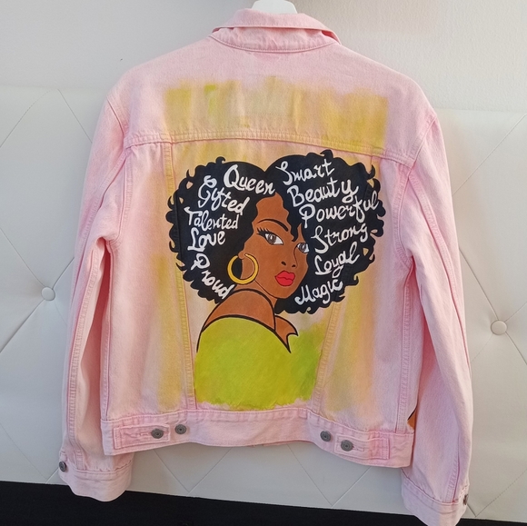 Denim Jacket Hand Painted Levis S Pink New - Picture 1 of 14